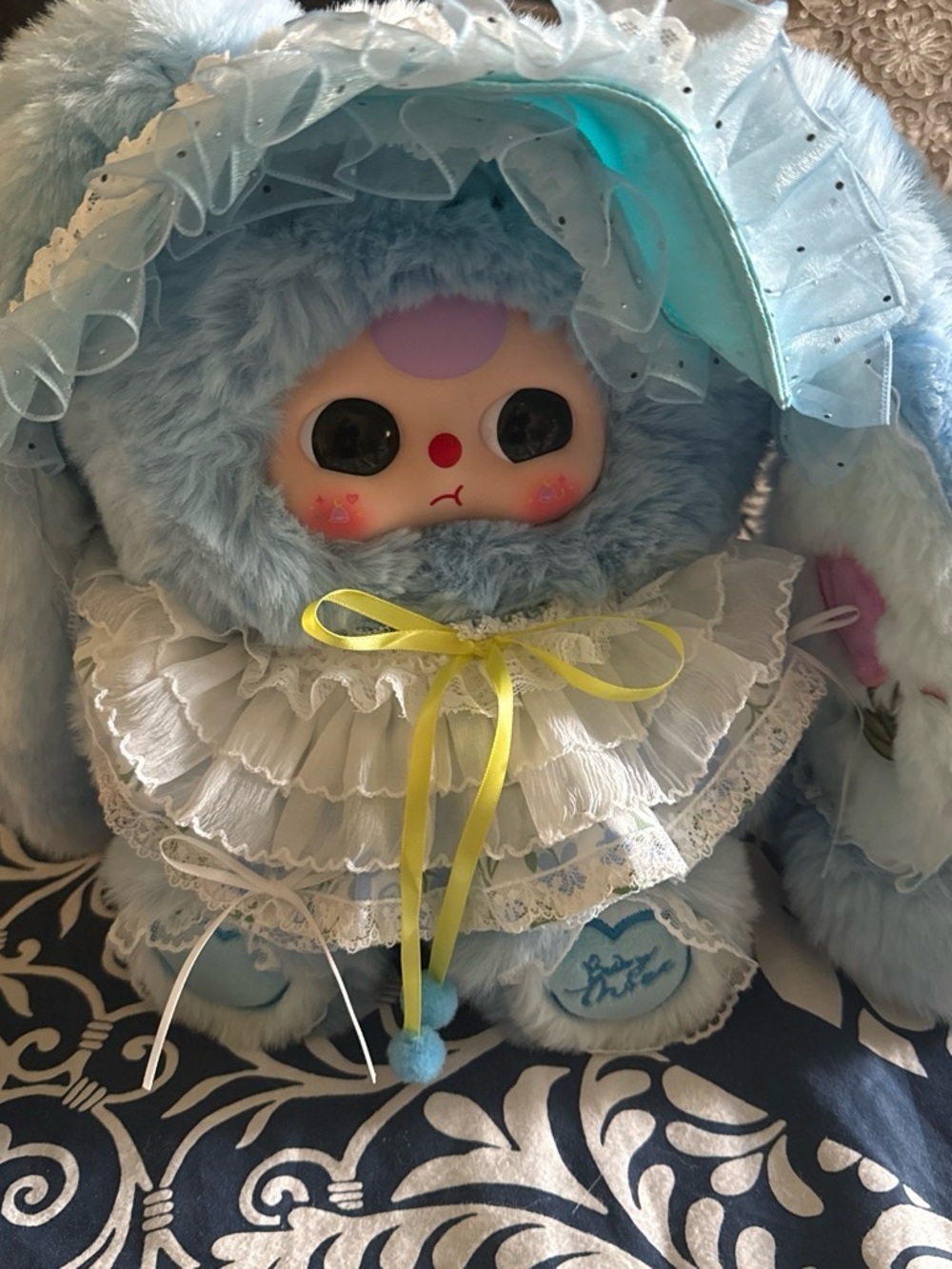 Blue Plush Bunny Doll with Ruffled Lace Dress